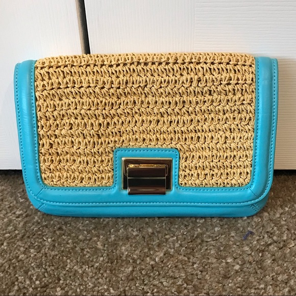 Talbots Handbags - TALBOTS Straw Clutch/Shoulder Bag w/Turquoise Trim